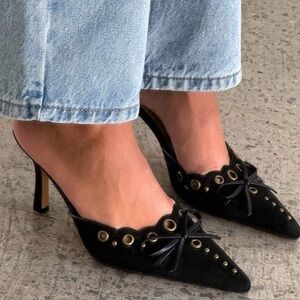 Black Studded Kitten Mule Heels